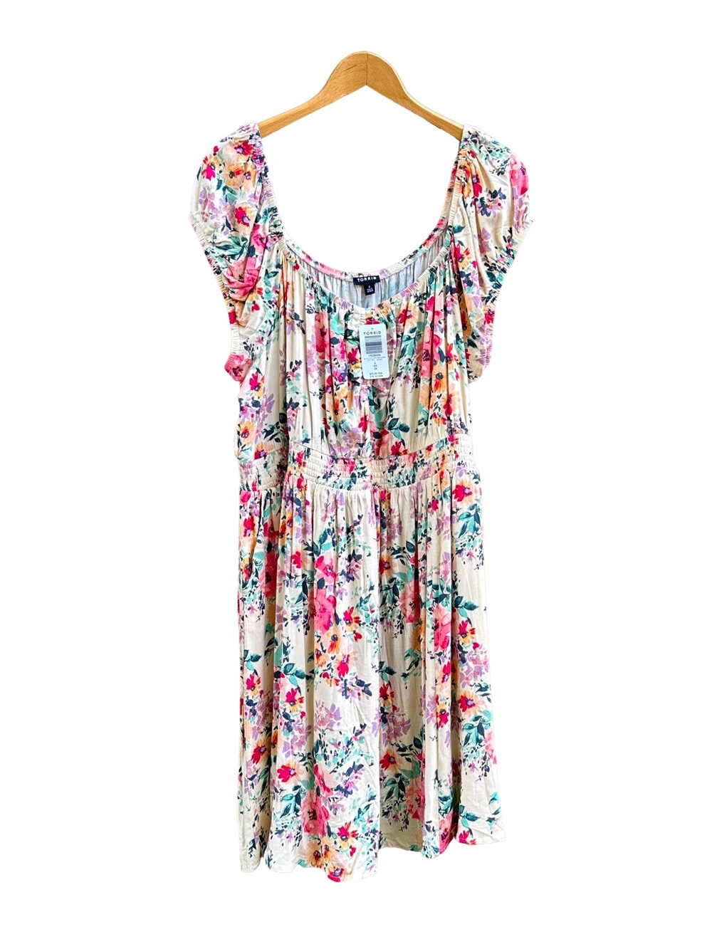 Torrid Lenny Mini Dress Cream Multicolor Floral Smocked Waist Plus Size 4 4X 26